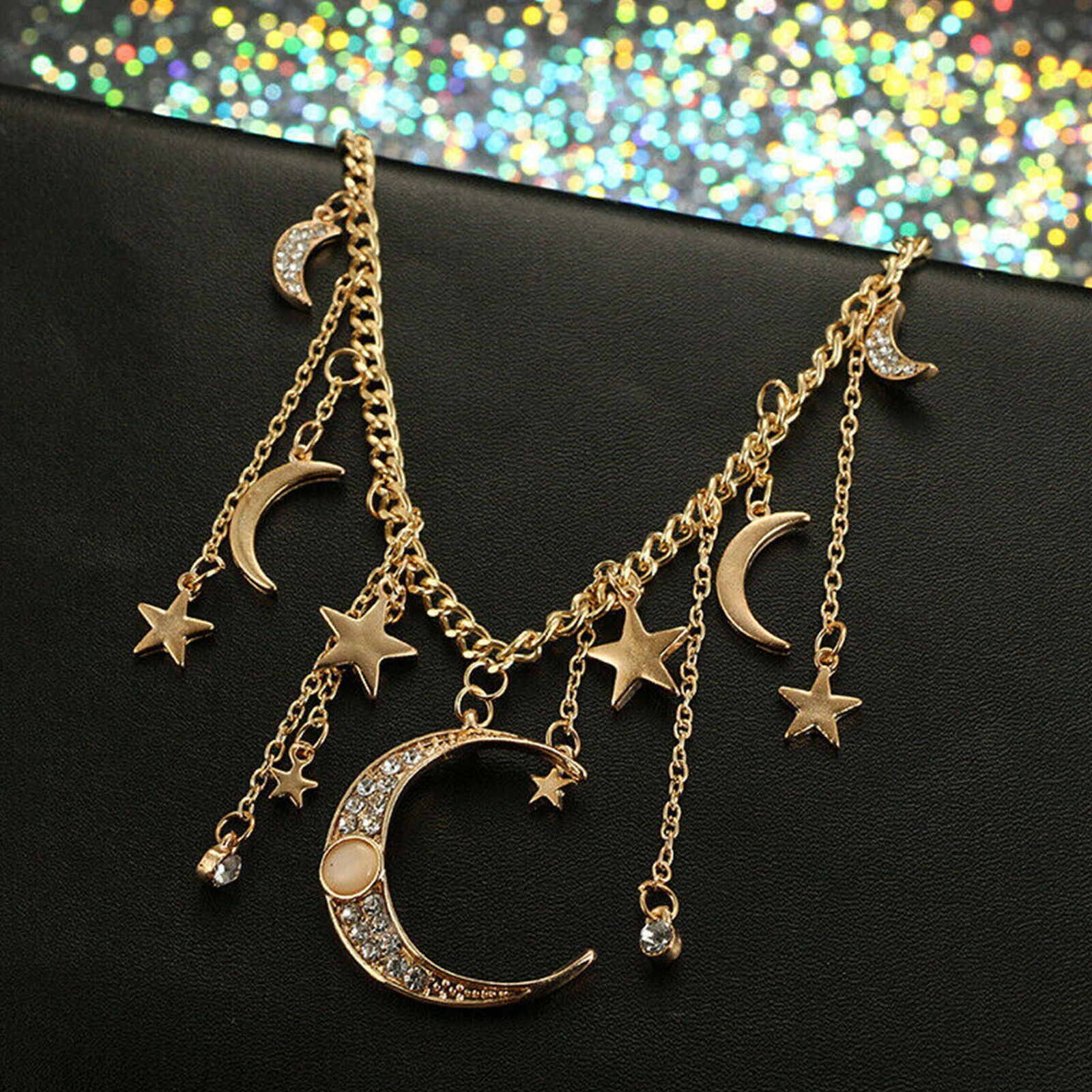 Chic Moon Pendant Crystal Women's Star Multilayer Choker Jewelry Necklace Chain