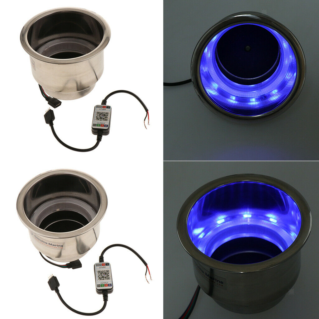 2pc 3LED Stainless Steel Cup Drink Holder w/ Drain LED Marine Boat Rv Camper