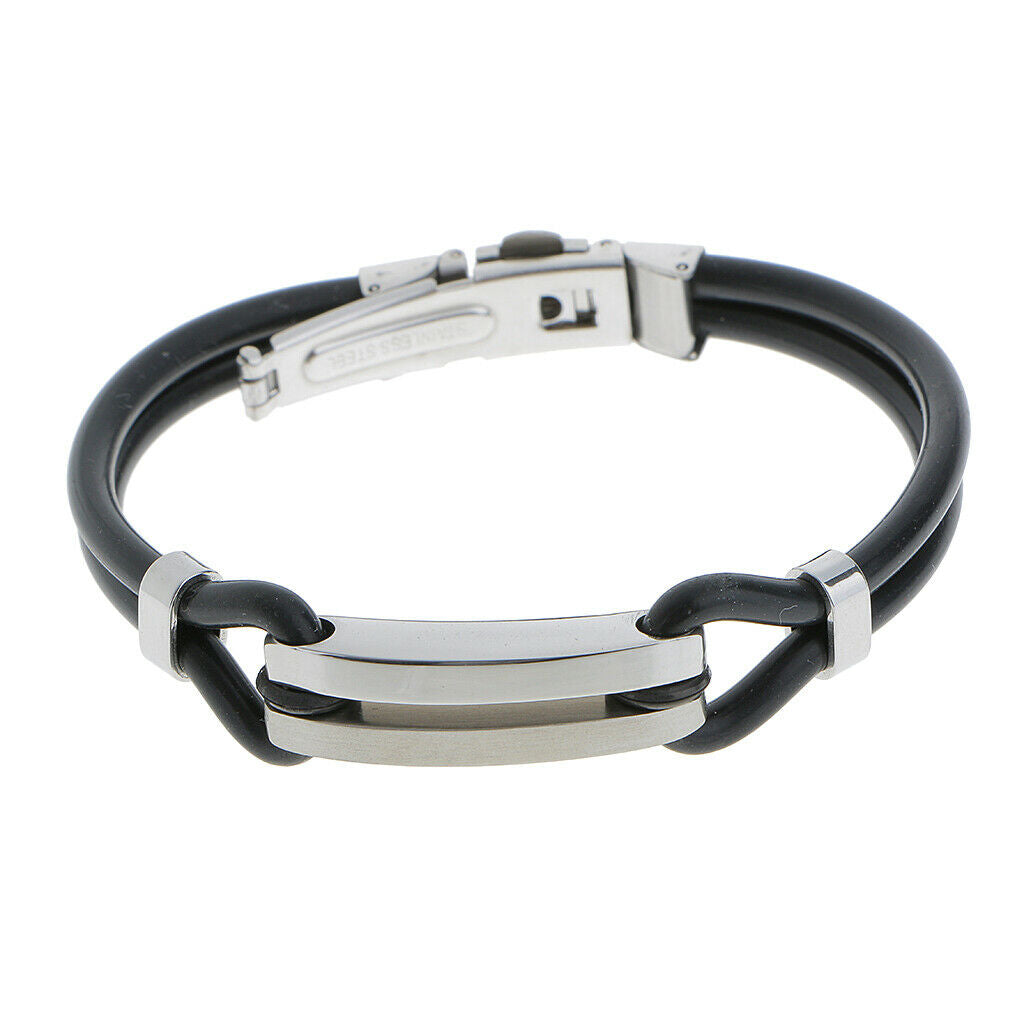 Simple Style Cool Stainless Steel Mens Rubber Fold Over Clasp Wristband Bracelet