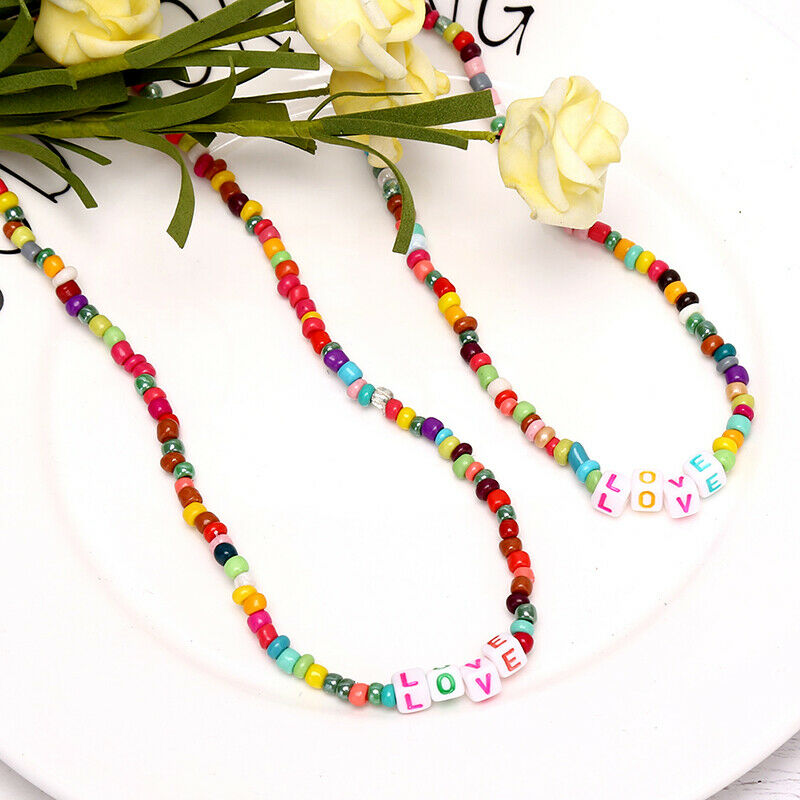 Boho Women Choker Letter Colorful Beads Chain Women Charm Necklace Jewelr.l8
