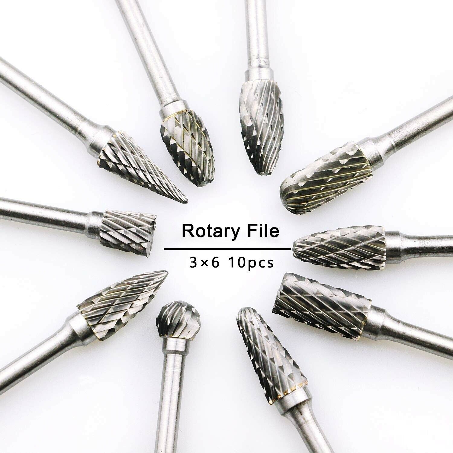 10Pcs/Set 1/8'' Shank Tungsten Carbide Metal Rotary Drill Bits Tool Cutter Files
