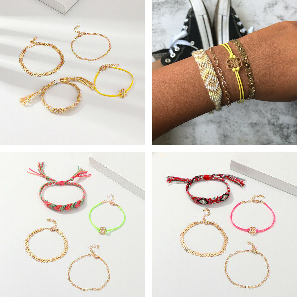 4pcs/set Multilayer Boho Beads Braided Bracelet Women Bangles Jewelry Yellow