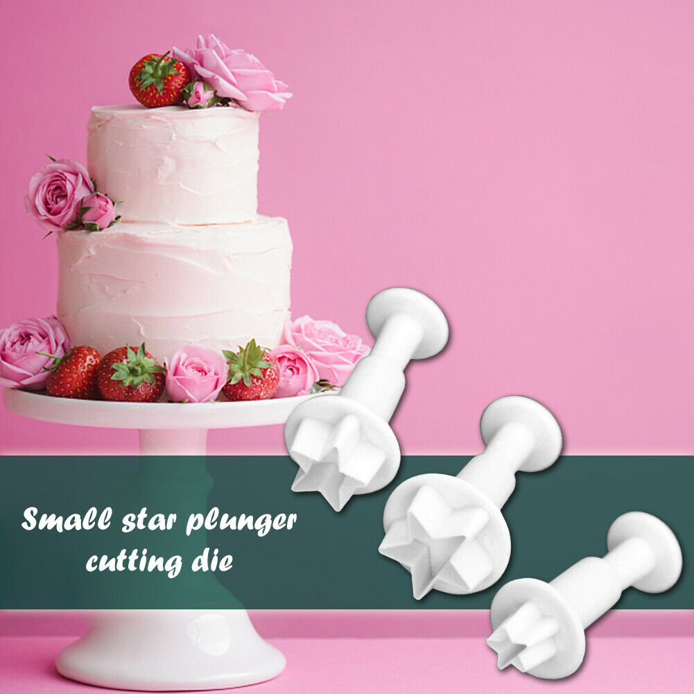 3pcs Silicone Star Plunger Fondant Mold Biscuit Cookies Cutter Cake Decor @