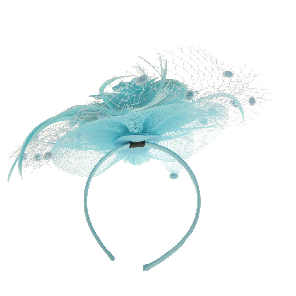 Flower Feather Net Fascinator Headband Wedding Race Ascot Ladies  Lake blue