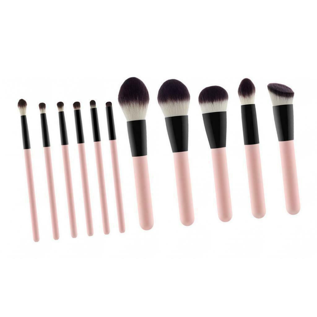 Set of 11 Soft Nylon Liquid Powder Blender Blush Kabuki Brush Pink+Black