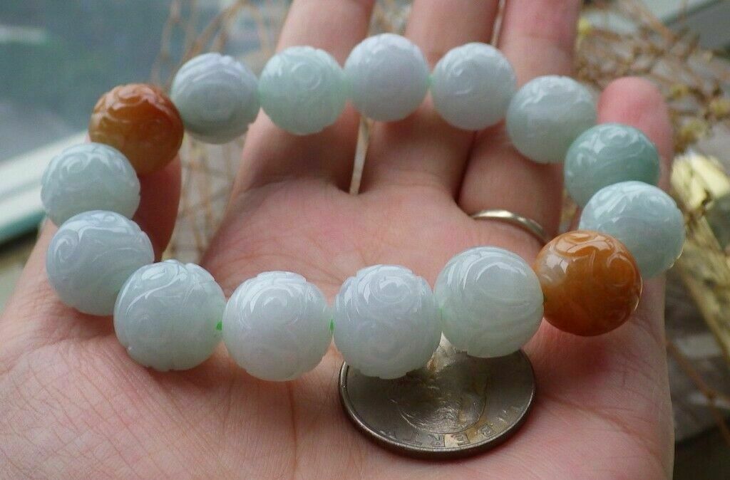 13MM Certified 100% Natural A JADE JADEITE Flower Bead Bangle Bracelet 7.5"AA++