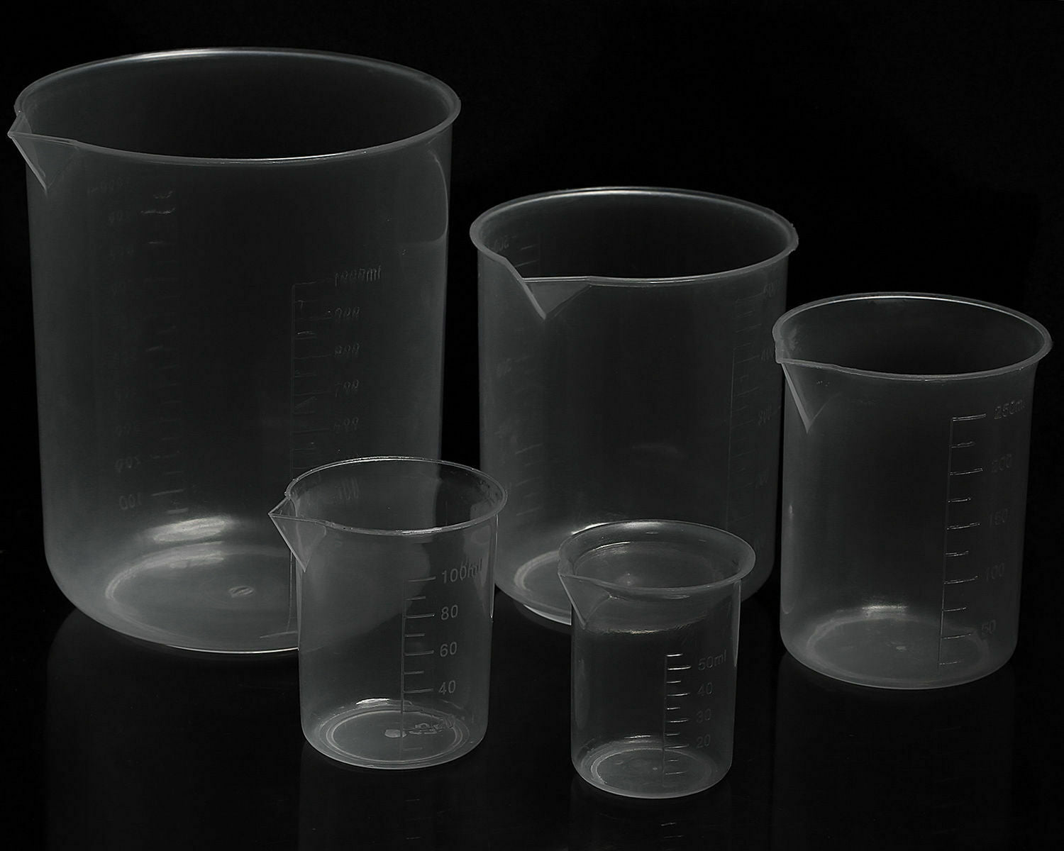 Labs Plastic Beakers Set Measuring Cups - 5 Sizes - 50, 100, 250, 500 and 1000ml