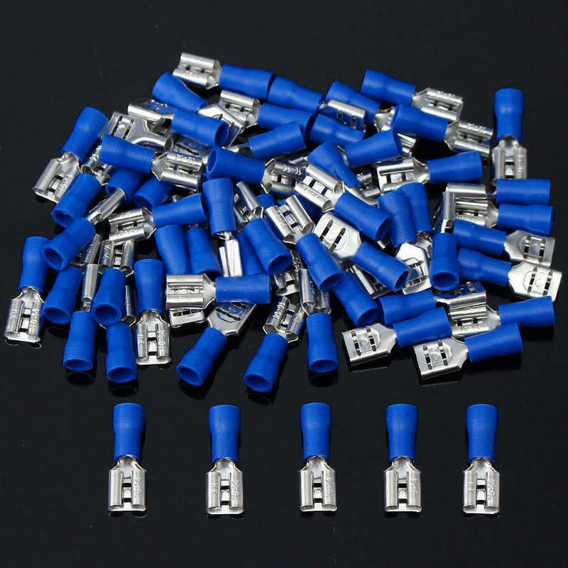 100 X Blue 6.3mm Female Spade Insulated 16-14AWG Wire Crimp Terminal Connectors
