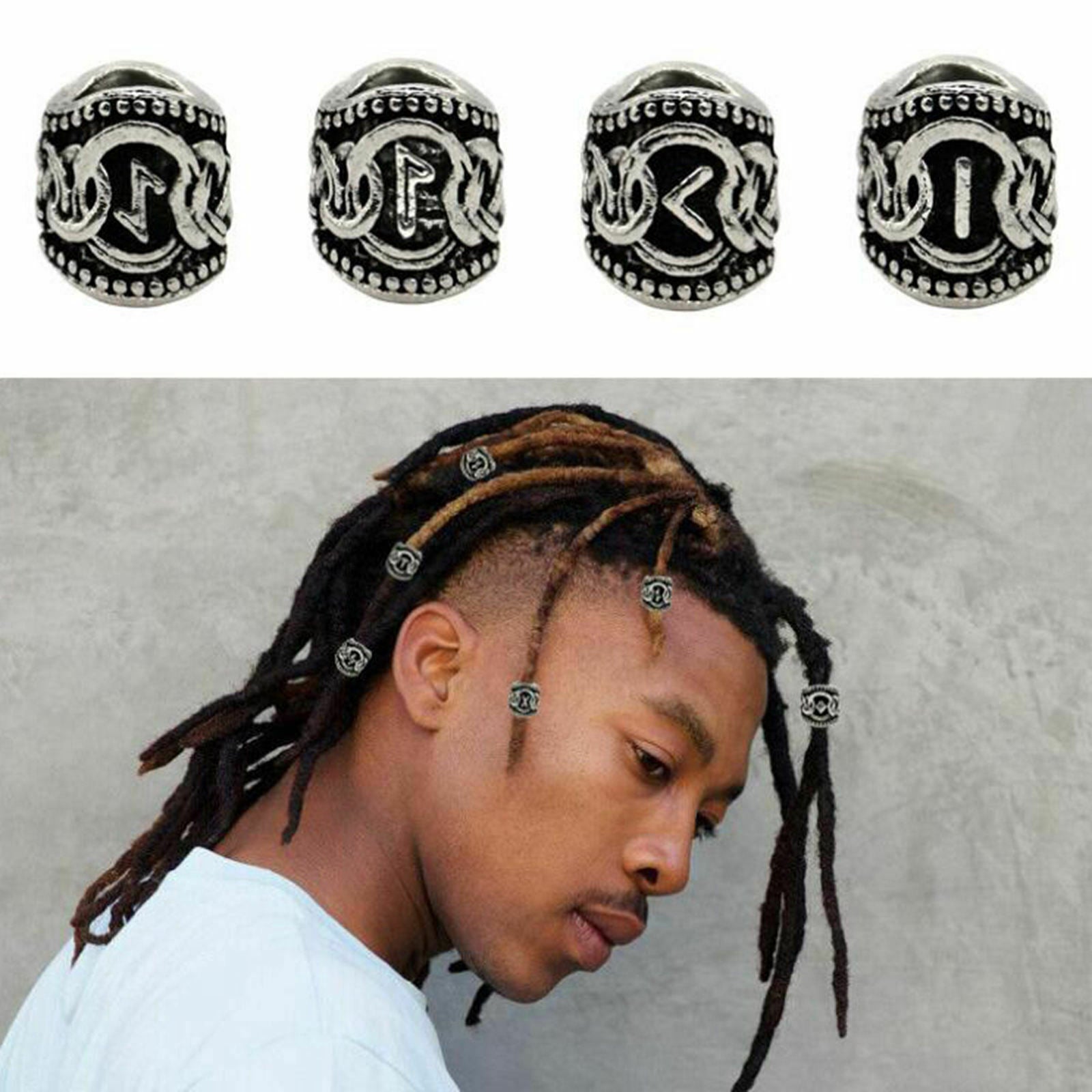 Hair Beads 24 Pcs Viking Rune Beads Sliver  Rings 0.51"  Rings
