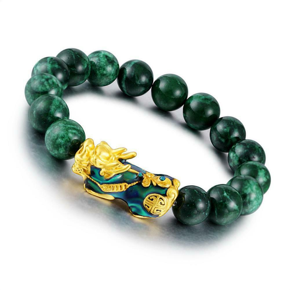 Natural Green Jade  Beads Wealth Golden Feng Shui Pixiu Bracelet 10mm Gift