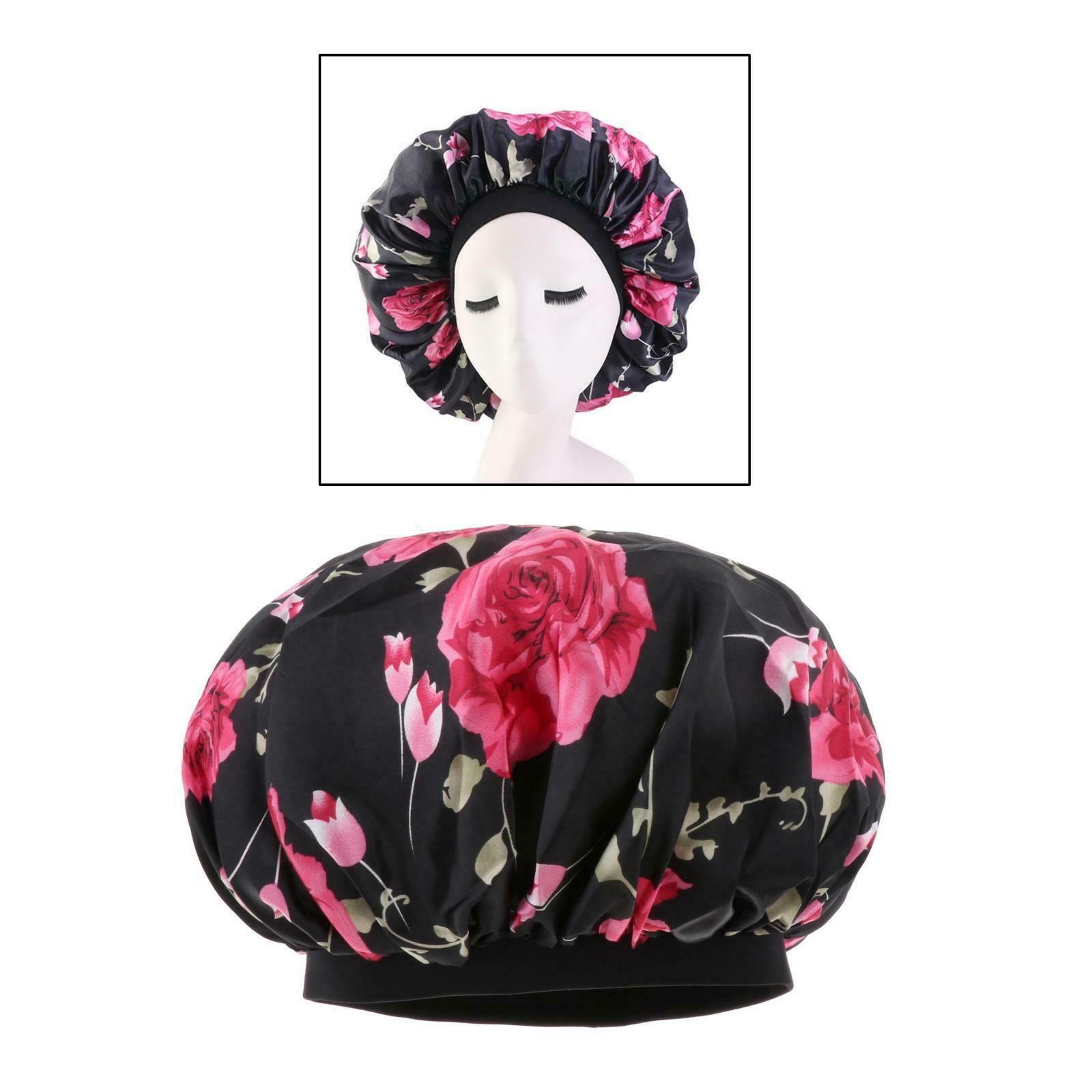 Satin Women Sleep Cap Night Wrap Elastic Sleeping Bonnet Safflower On Black