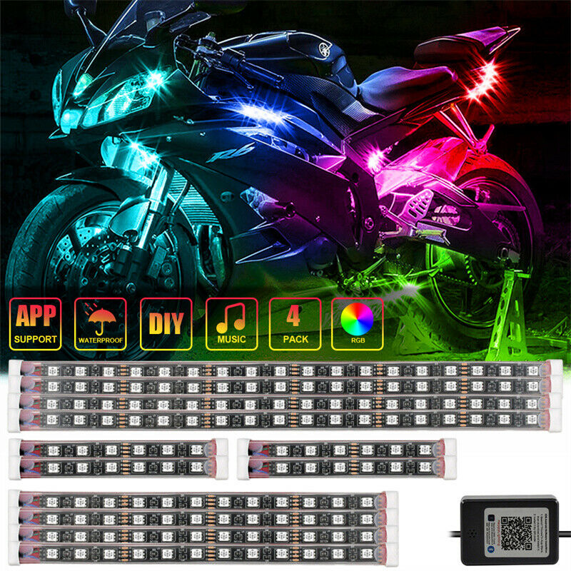 RGB Motorcycle Chassis LED Chip Light Glow Neon Strip Kit APP Bluetooth control