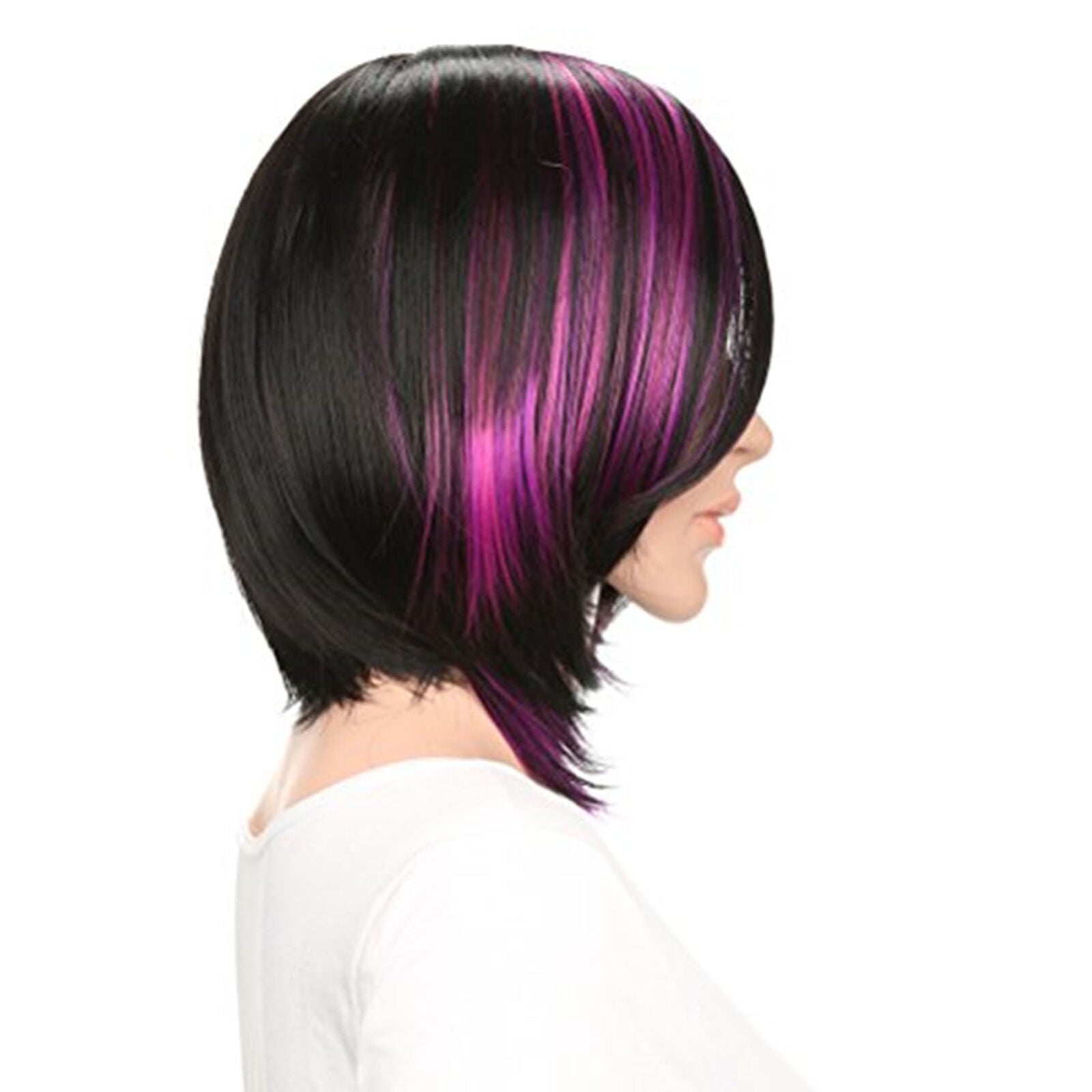 Short Straight Bob Wig Mix Color Highlight Purple Wigs with Side Bangs Wig