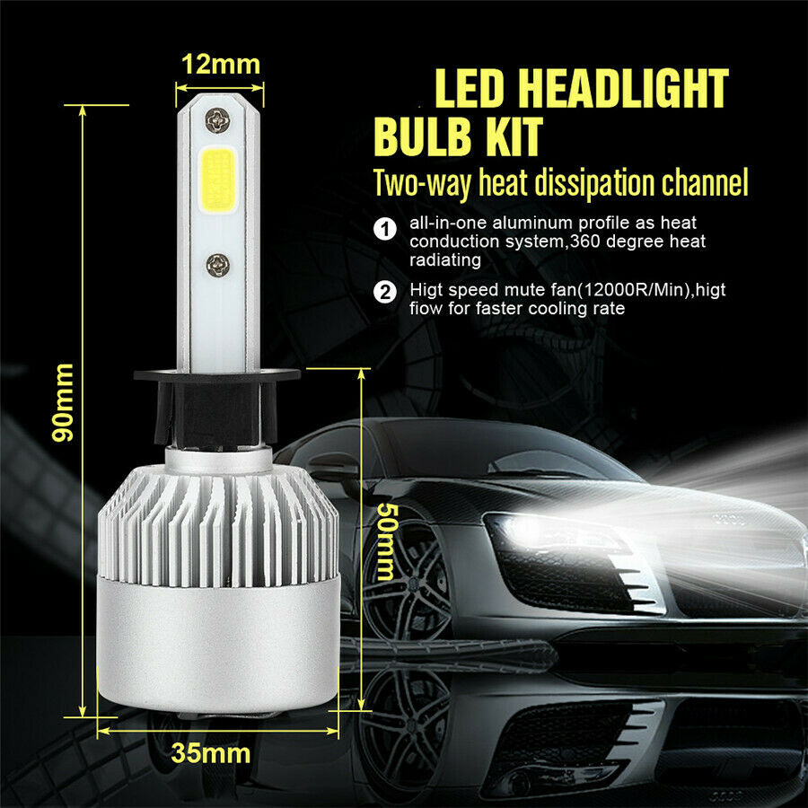 H1 LED Headlight Bulb All-in-One Conversion Kit 6000K White IP68  Waterproof 2PC