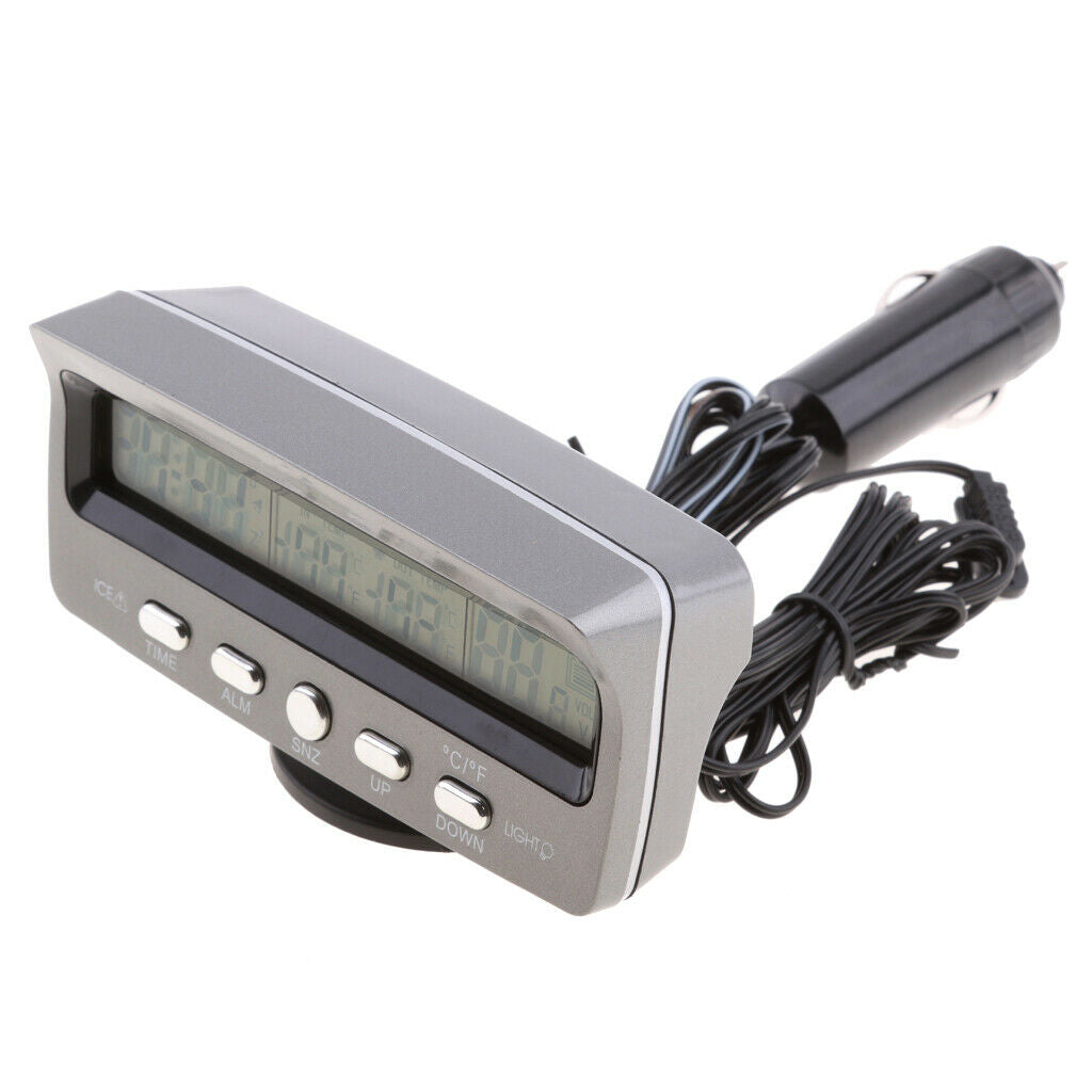 Digital 12V Car Voltmeter Voltage Monitor Alarm Clock With Inside/Outside