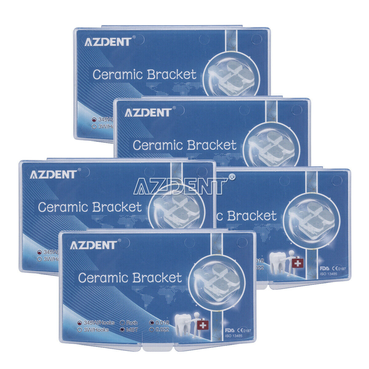 5 X AZDENT Dental Braces Ortho Clear Ceramic Brackets MBT 018" Hooks 345 Marked