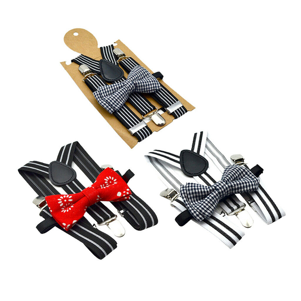 Male Boy Trousers Suspenders w/ Bow-Tie Set 3 Clips Braces Non-slip Straps