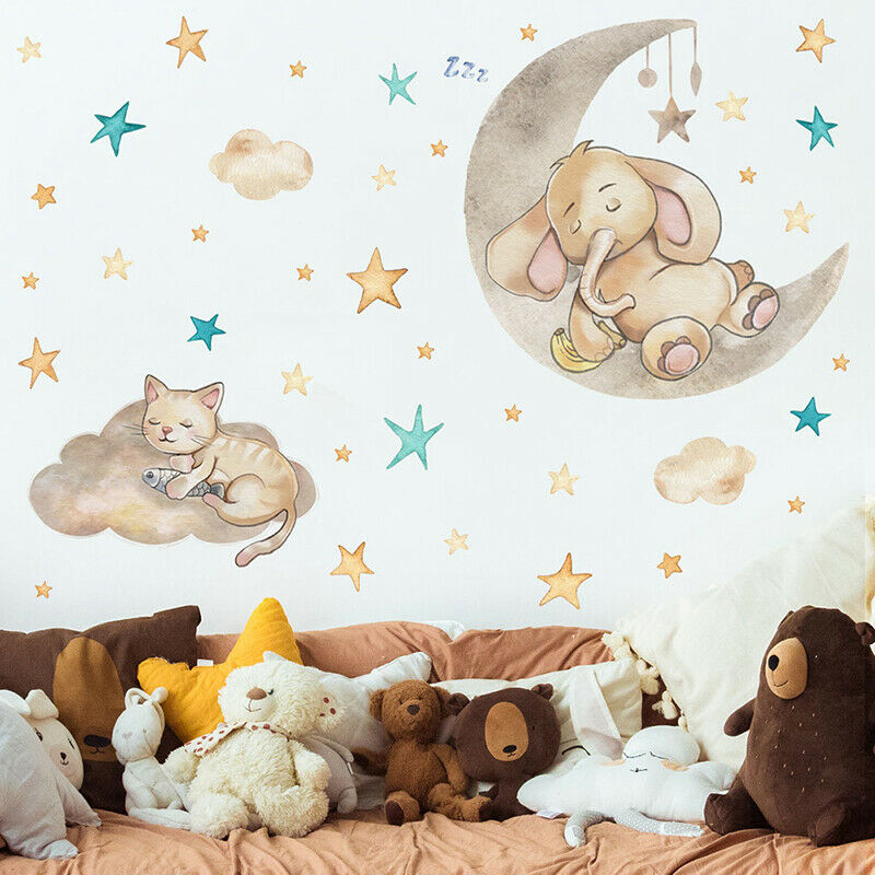 Cartoon Cat Elephant Sleeping On The Moon Wall Stickers For Baby Room Dec.l8