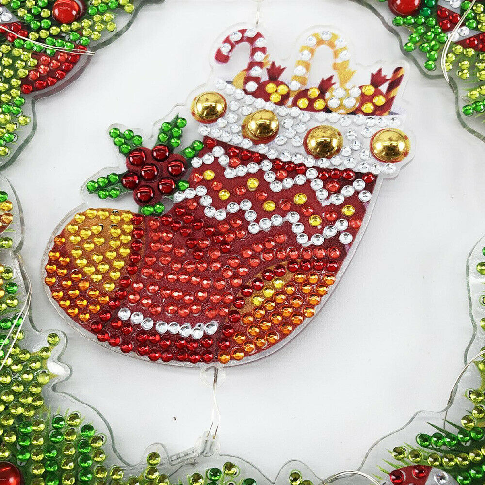 DIY Diamond Painting Wreath with LED Light Art Craft Kits Christmas Home Decor