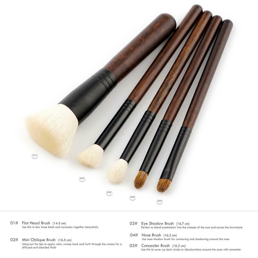 5 Pieces Premium Makeup Brush Blush Foundation Eyeshadow Lip Tool Wooden Box
