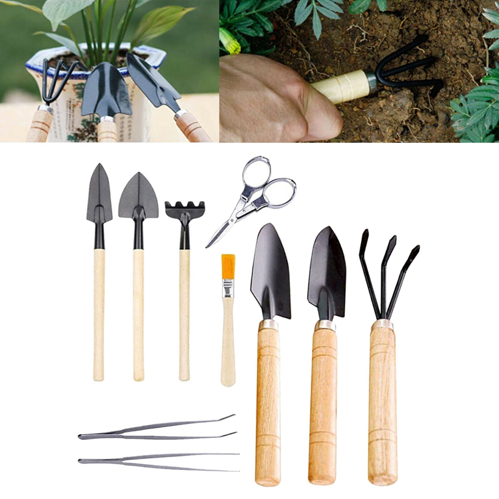 10x Garden Potted Shovel Rake Spade Tweezers Scissors and Brush Home Tool