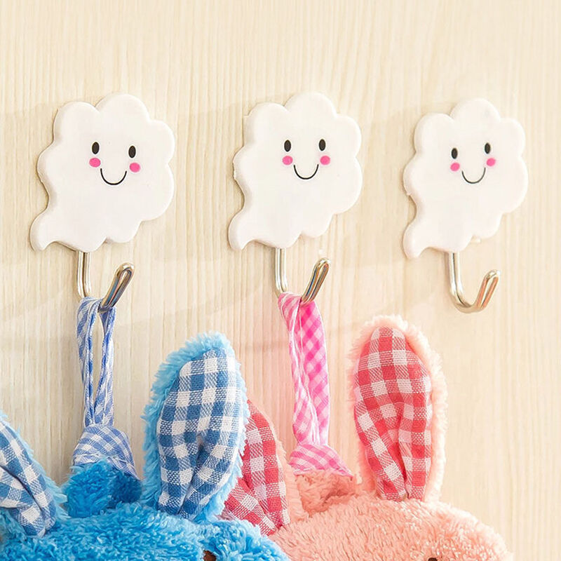 3X White Cloud Self Adhesive Sticky On Hooks Kitchen Bathroom Towel JzJC.l8