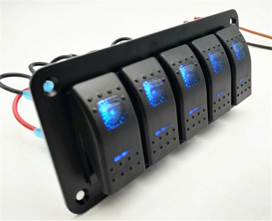 5 Gang On/Off Rocker Switch Panel Dual LED Light Car Marine Boat Waterproof IP65