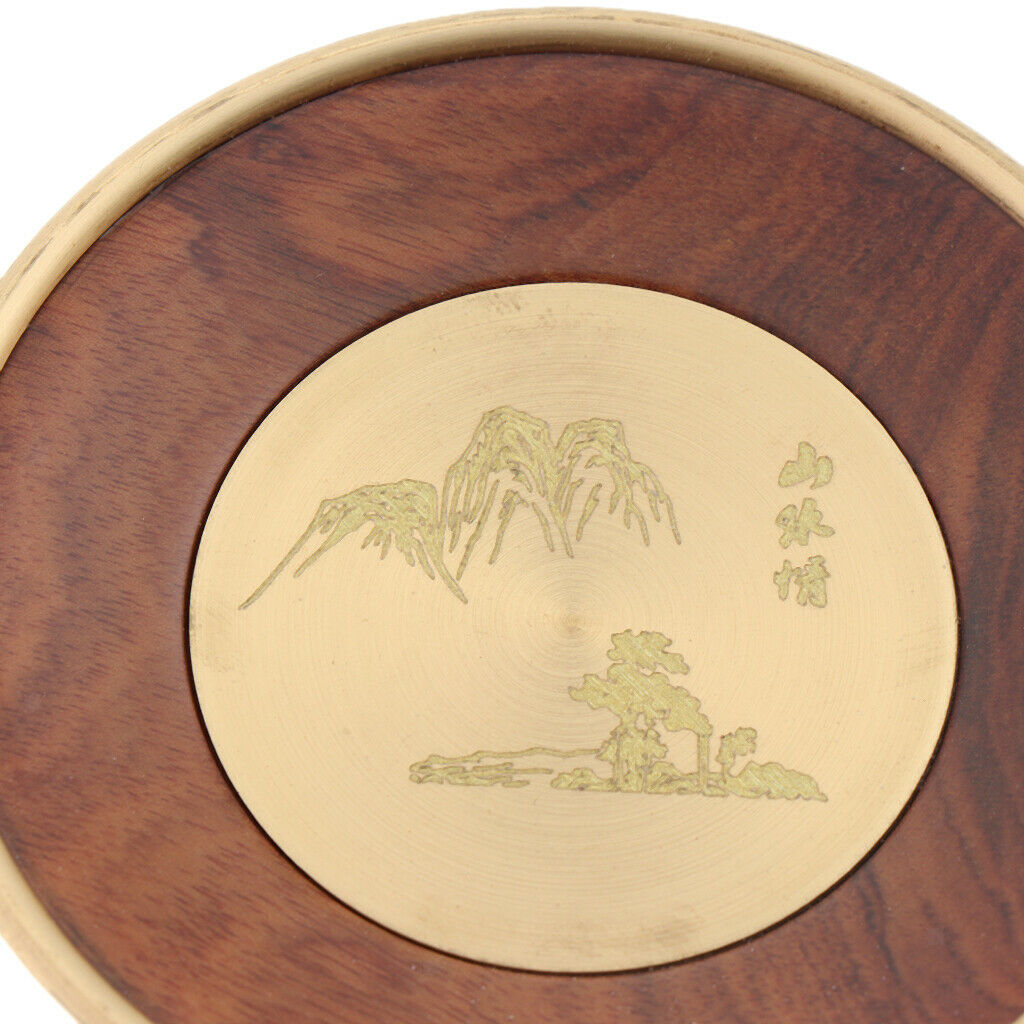 2 Pieces Wooden Tea Mat Copper Wrapped Edging Scenery Pattern