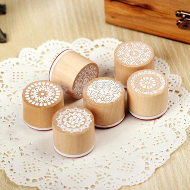 6X Assorted Wooden Rubber Stamp Round Shape Handwriting Floral Flower Cra C SJ