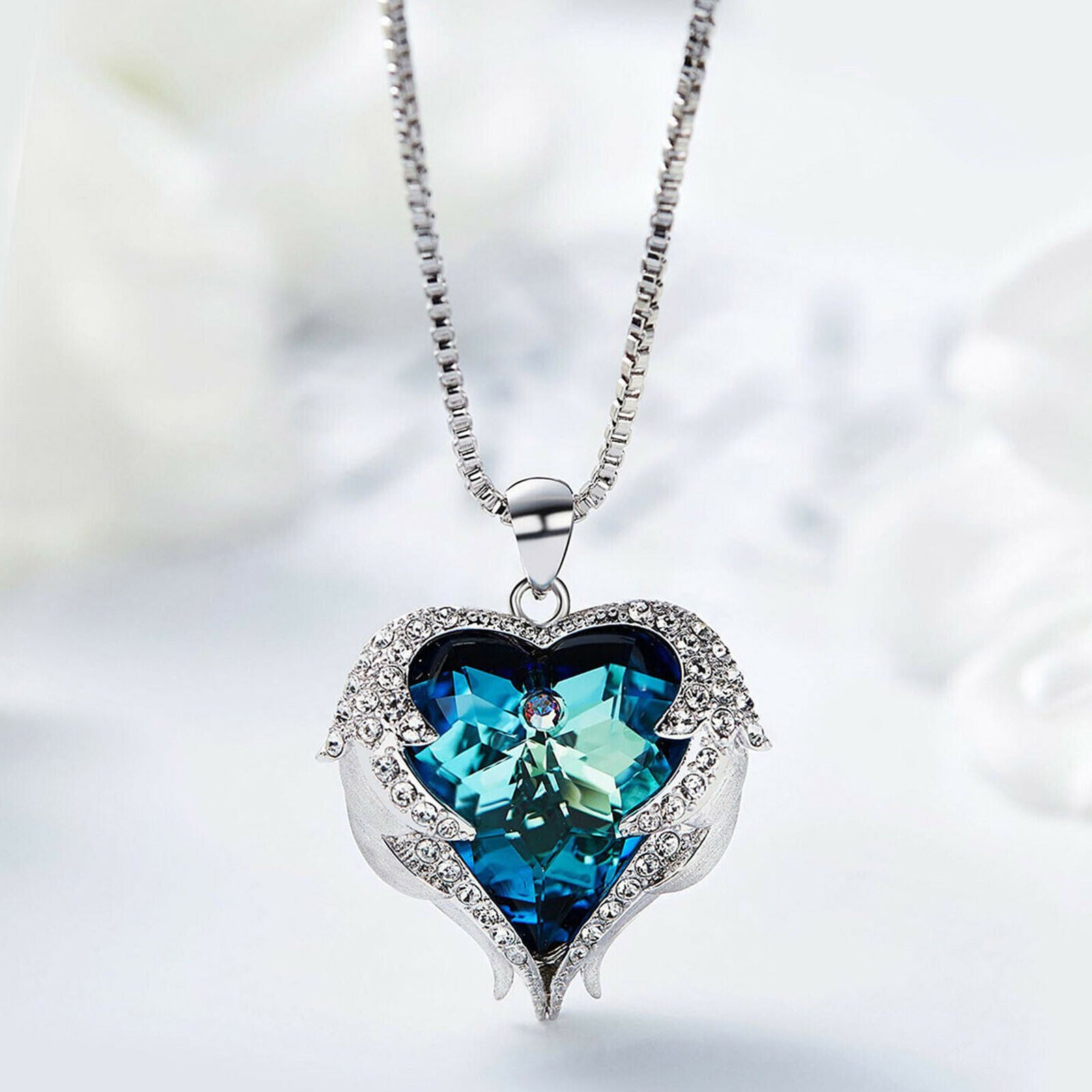 Angel Wings Blue Crystal Heart Pendant Necklace Austria Crystals