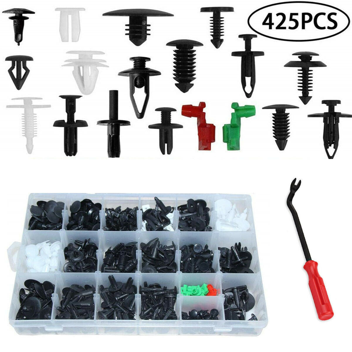 425PCS Auto Fastener Clip Push Rivets + Tool For Car Fender Bumper Door Surface