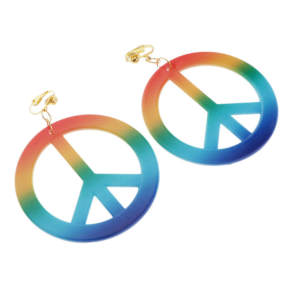 Retro Hipple Style Rainbow Peace Sign Earrings Large Ear Rings 1960's Women