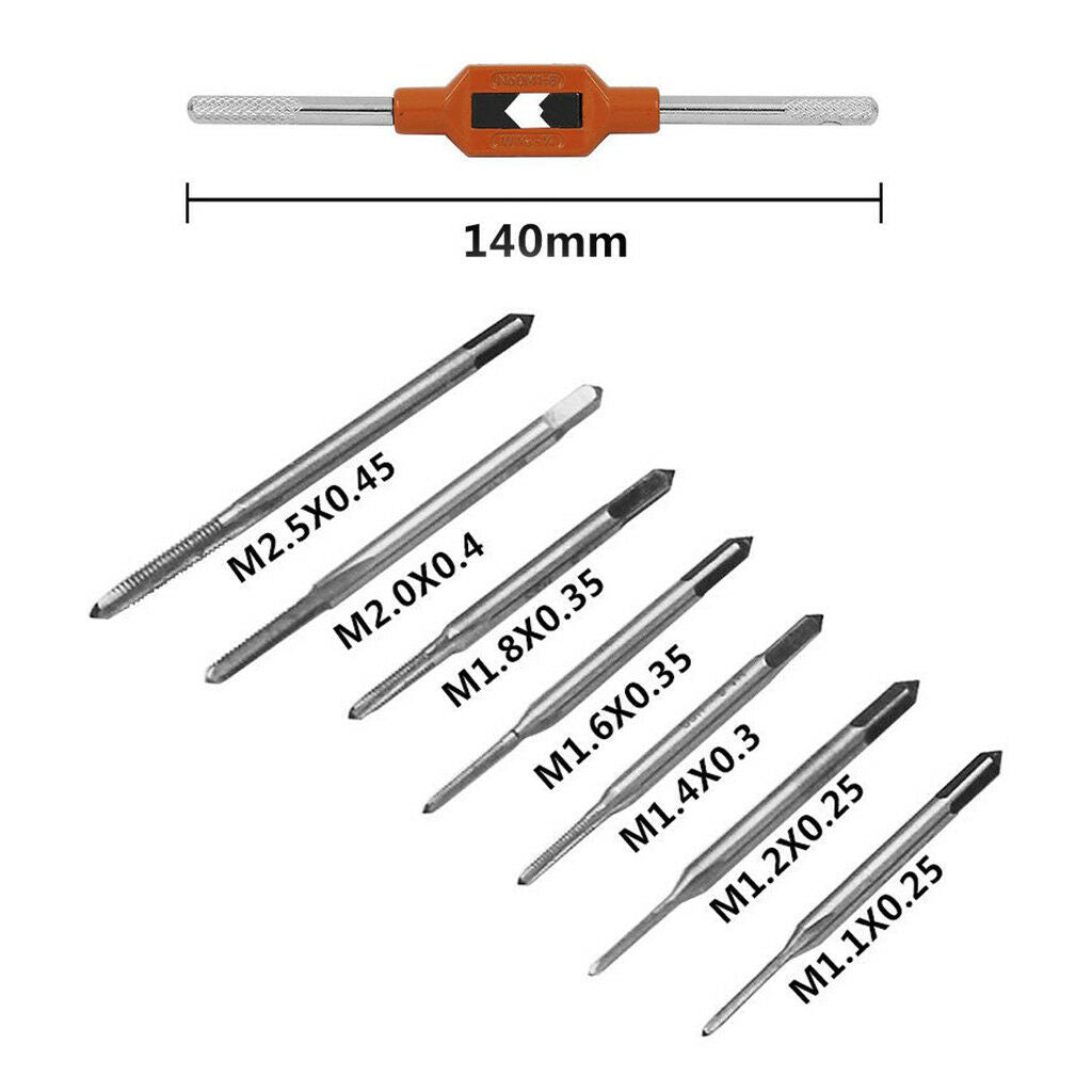 7pcs M1.1-M2.5 Hand Screw Thread Metric Plug Tap Drill Set + M1-8 Tap Wrench
