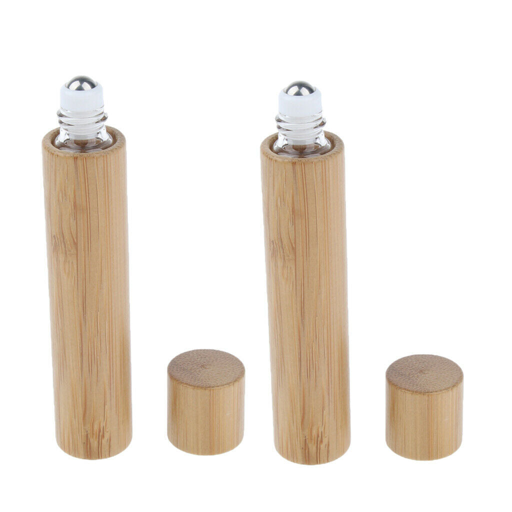2X Empty Environmental Bamboo Shell Glass Perfume Roller Ball Bottles 15ml