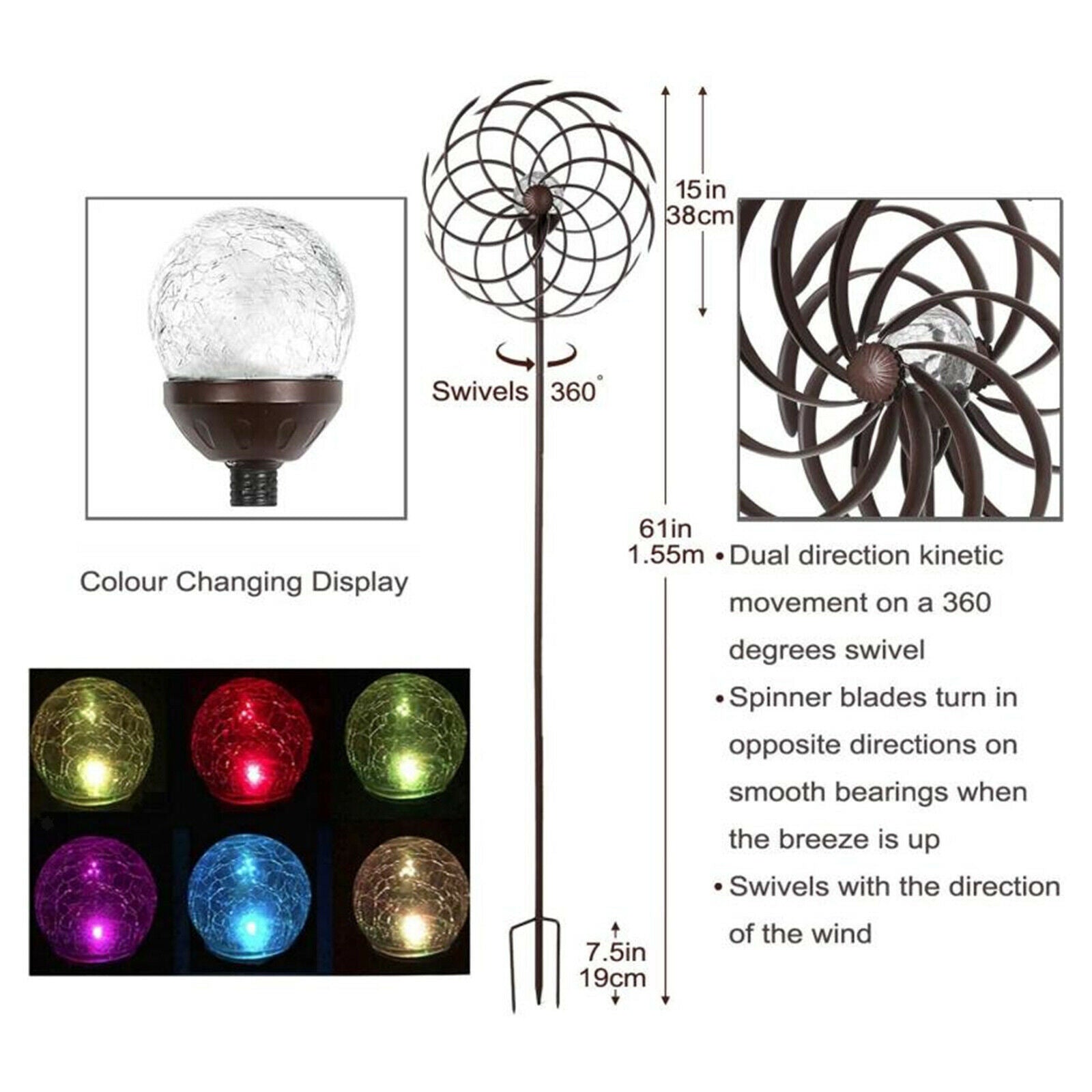 Cast Iron Solar Powered Windmills Wind Spinner Led Lights Walkway Decor Art