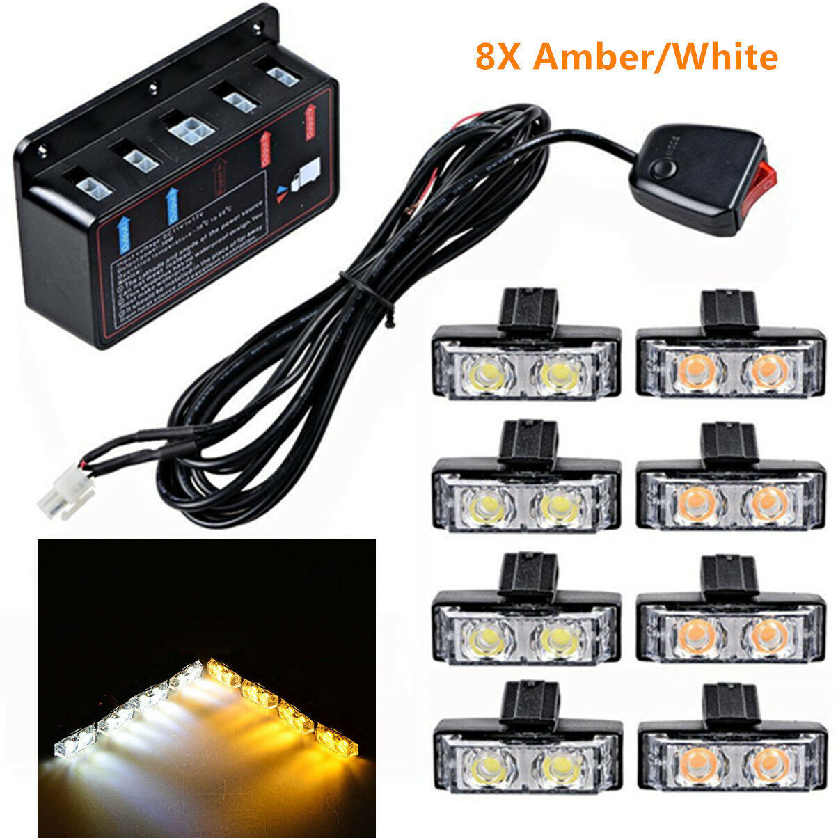 8X Amber/White Strobe Light Bar Warning Hazard Emergency Beacon Car Front Grille