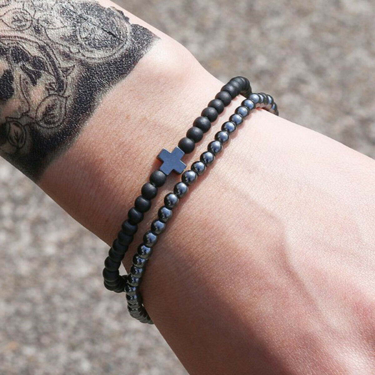 2pcs Cross Cooper Bead Bracelet Men Matte Lava Volcanic Stone Charm Jewelry
