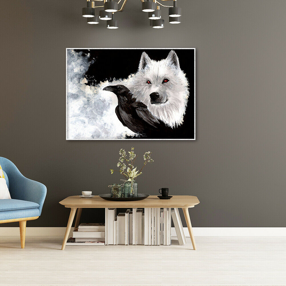 5D DIY Diamond Painting Wolf Black Bird Full Round Drill Canvas Drawing Kit @