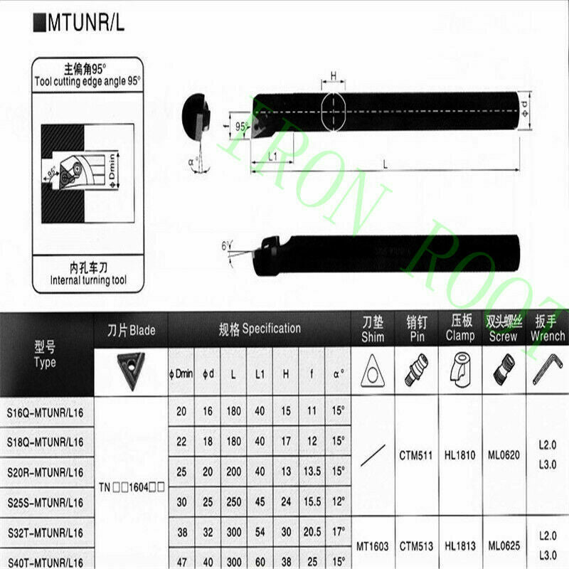 Right  hand 93° S20R-MTUNR16 Internal Turning Tool Holder + TNMG160408 Insert