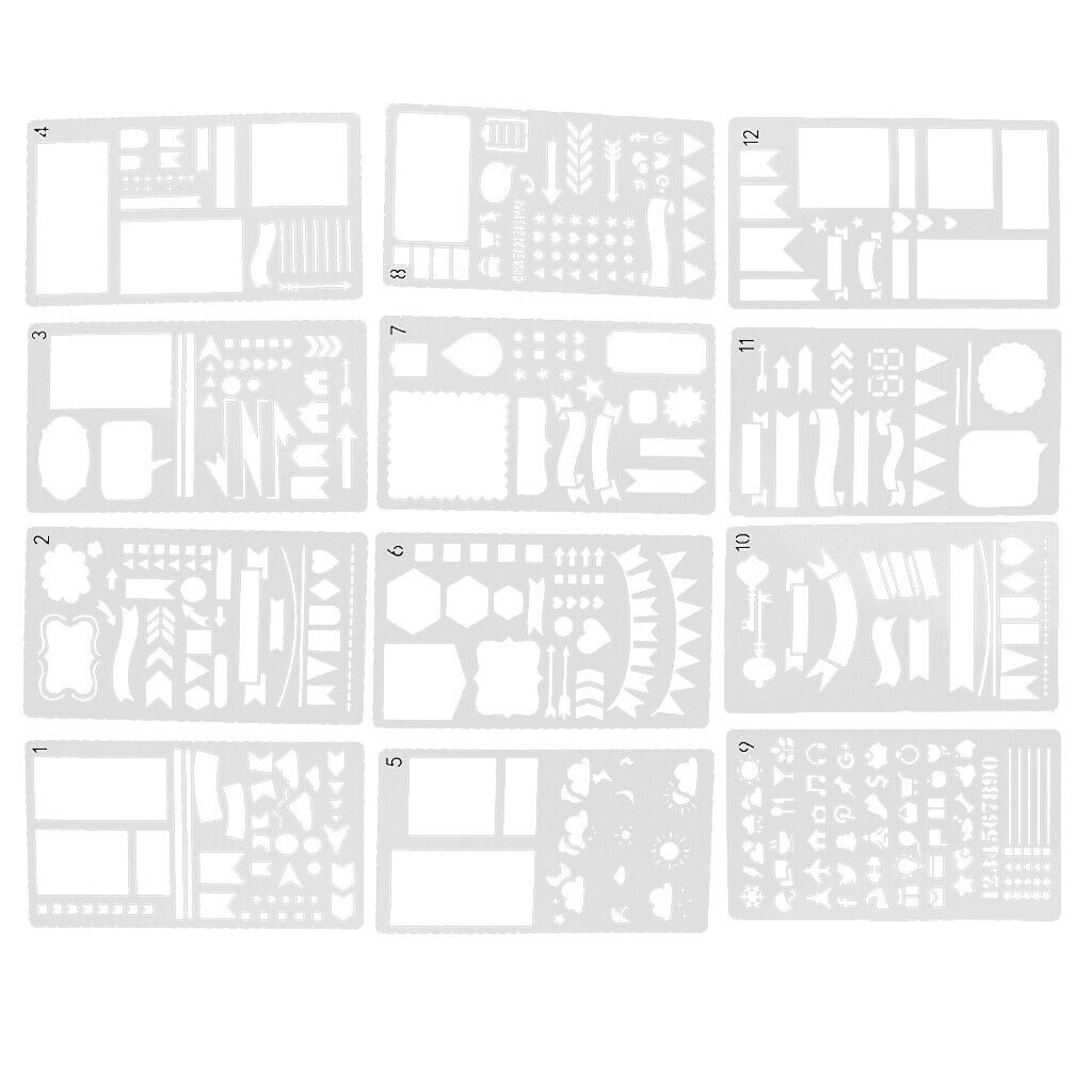 12x Plastic Journal Stencils Drawing Template Ruler for Bullet Journal Diary