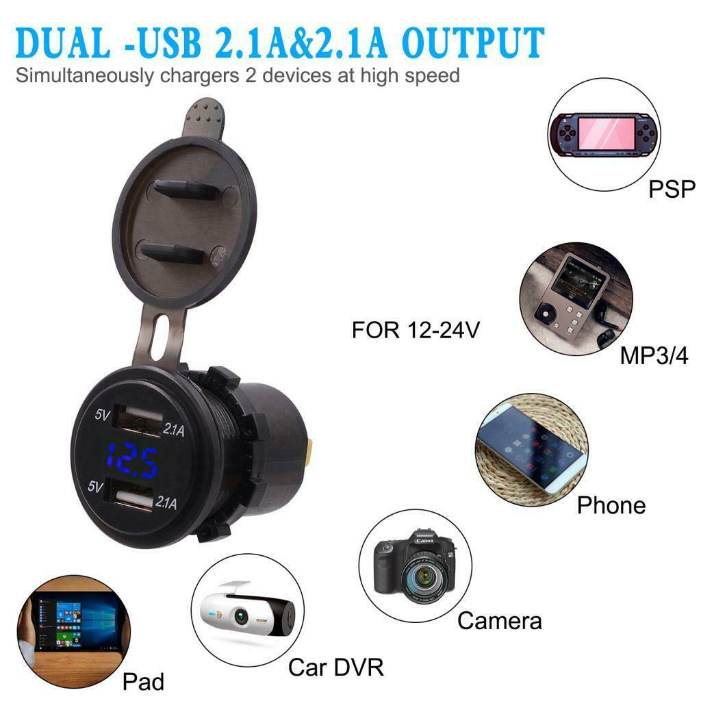 0.11" Car Boat 12V 4.2A Dual Port USB Charger Socket Voltage Voltmeter Blue