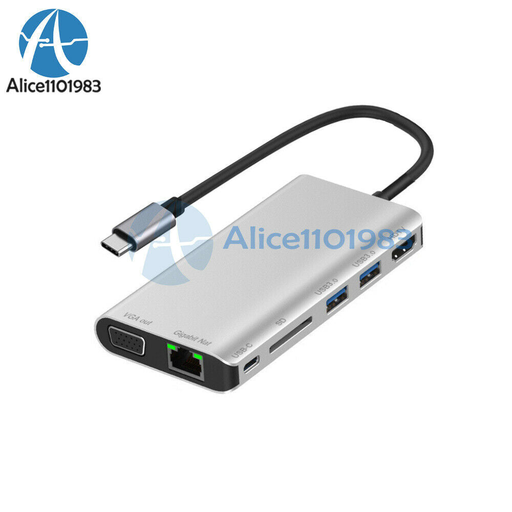 8 in 1 Type C to HDMI VGA USB 3.0 SD Card Reader Gigabit Ethernet Port PD Dock