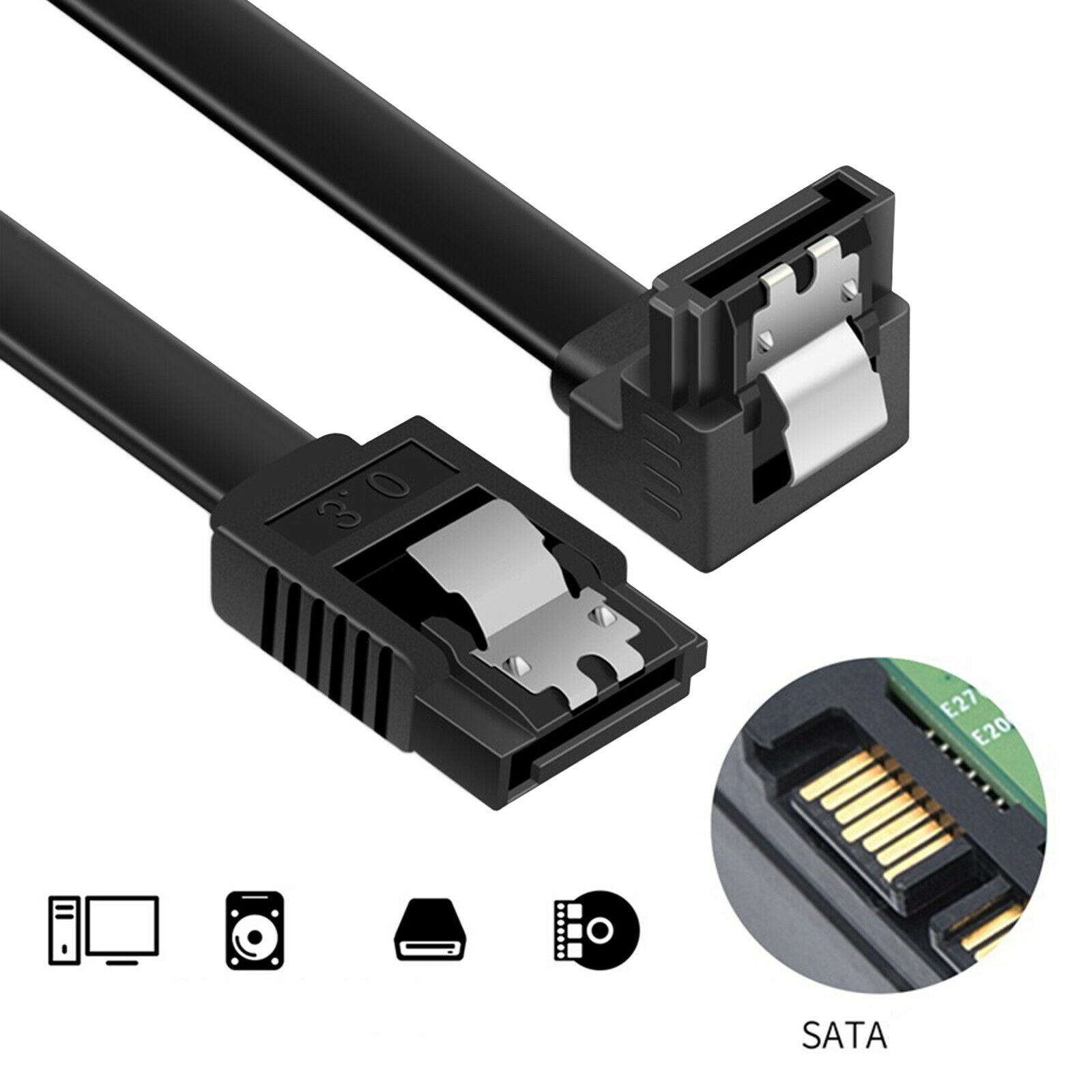 2PCS High-speed SATA Cable III 3.0 Flat Data Cord 3.3ft for HDD SDD Elbow