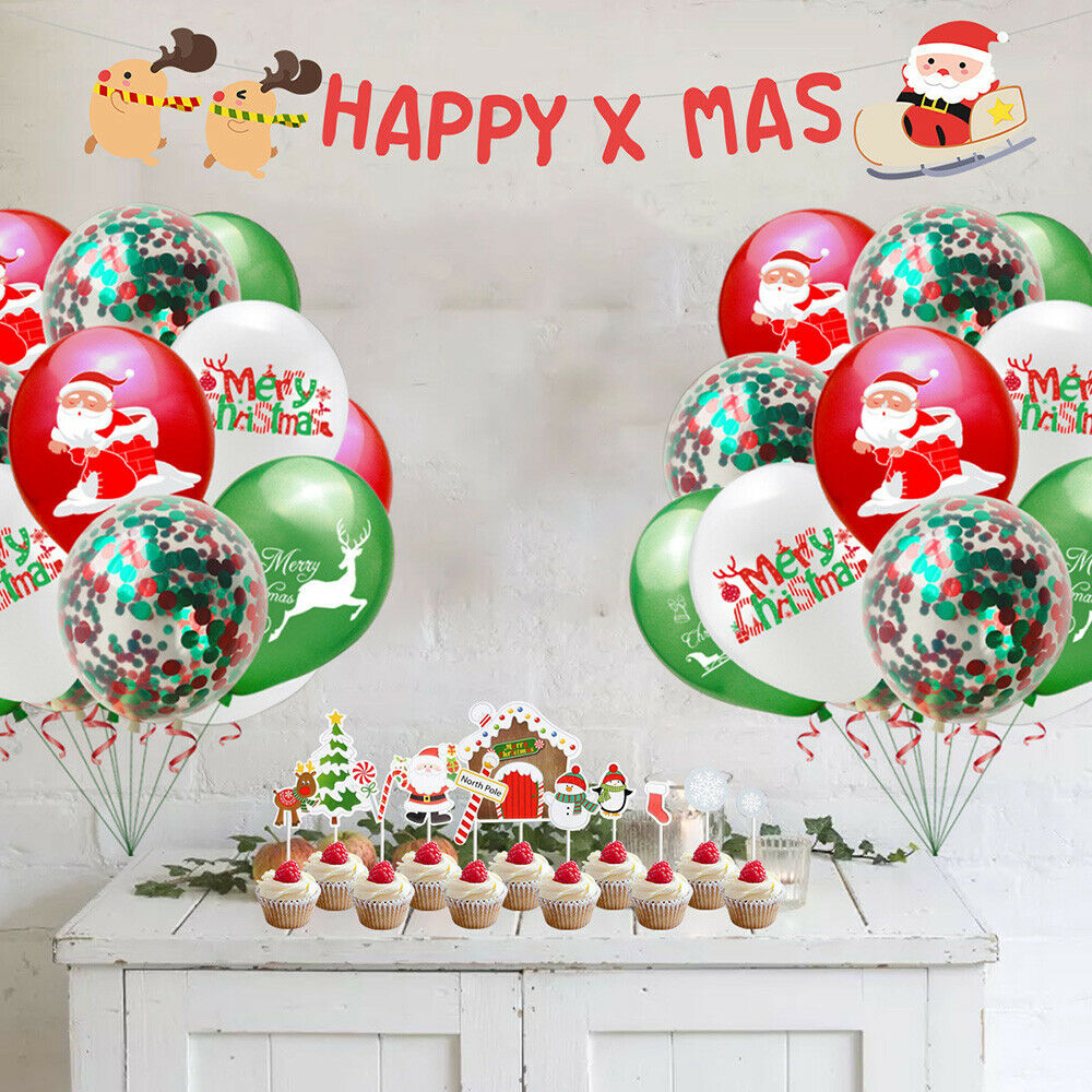 Christmas Confetti Balloons Set Santa Deer Flag Cake Topper Party Baby Shower