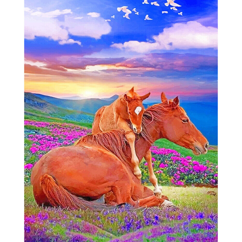 Blooming Flower Horse Digital Picture Landscape Animal Oil Painting Gift @