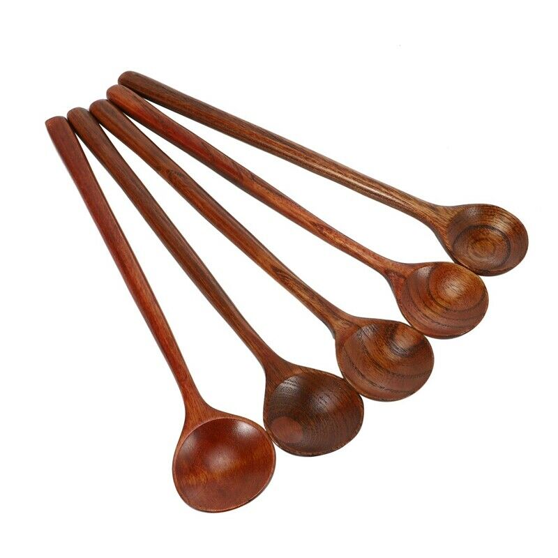 Long Spoons Wooden, 5 Pieces Korean Style 10.9 inches 100% Natural Wood Long HI9
