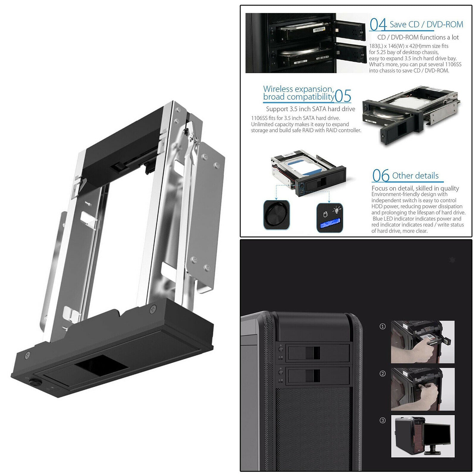 Hard Drive Caddy Tray Mounting Bracket 3.5" SATA HDD Frame Latch Design