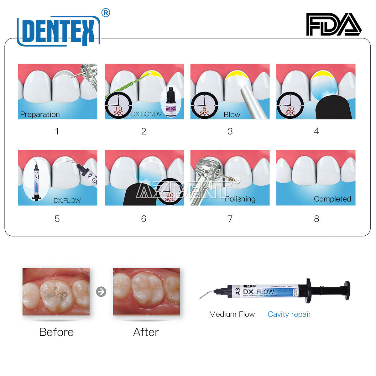 10pcs Dental Flowable Medium Flow Light Cure Composite A3 Shade DENTEX DX.FLOW