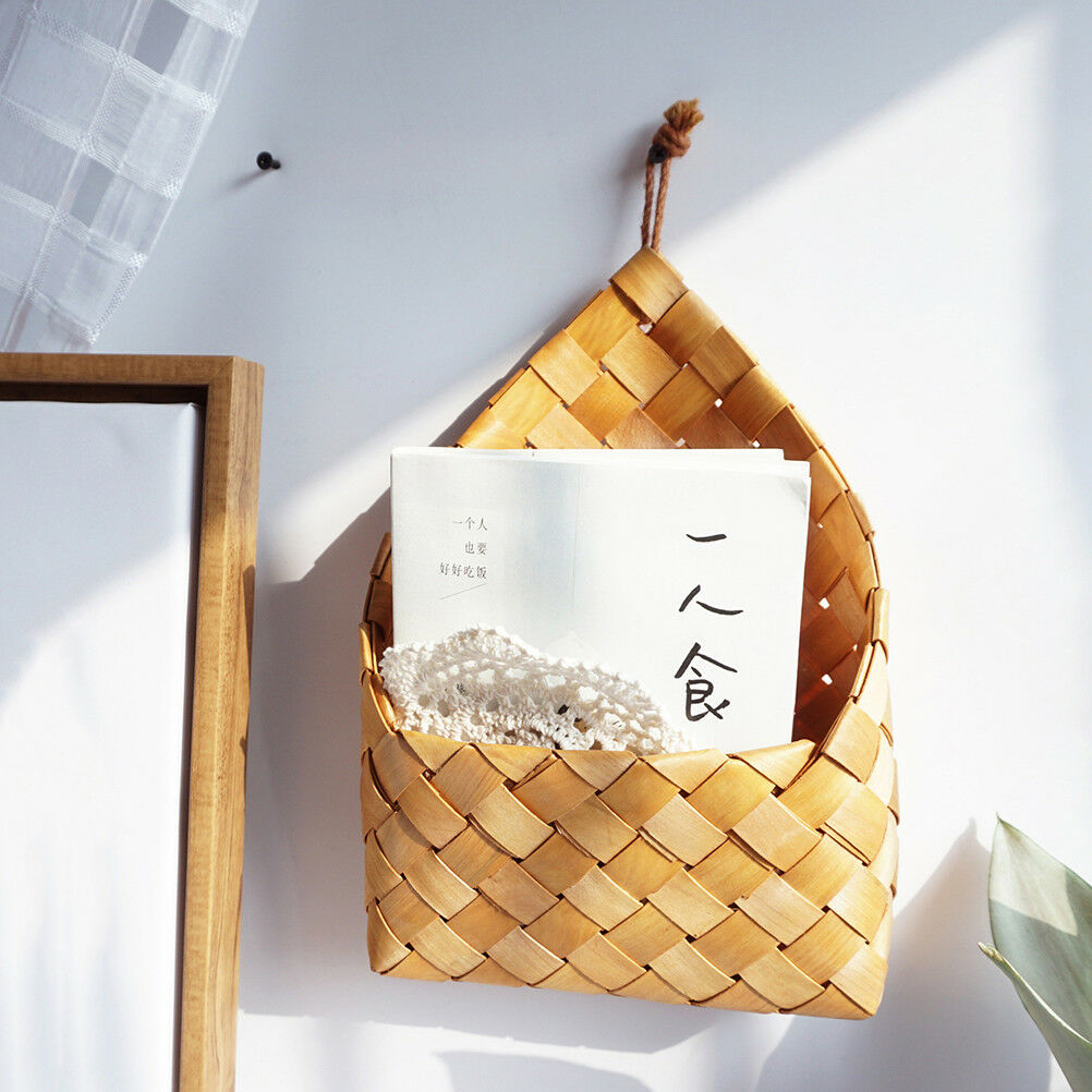 wicker brown wood wall hanging pocket basket flat back door decor country BDAU