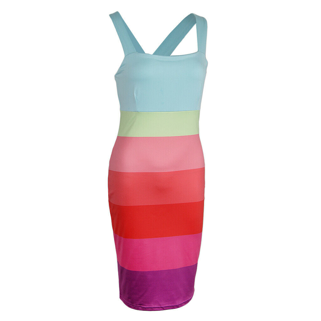 Women Stripe Bodycon Pencil Cocktail Evening Summer Party Midi Dress M Pink
